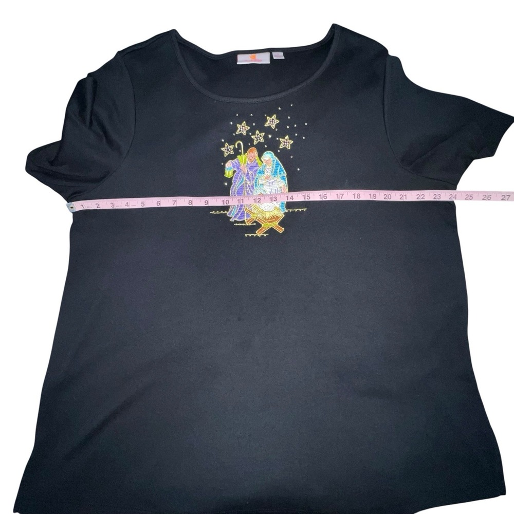 Quacker Factory T Shirt Women's 1X Black Nativity Christmas Beaded Short Sleeve - Picture 7 of 9